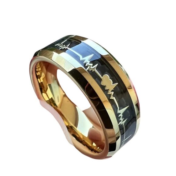 Gold Tungsten Steel Carbide & Carbon Inlay Heartbeat EKG Design statement Ring - Picture 4 of 4